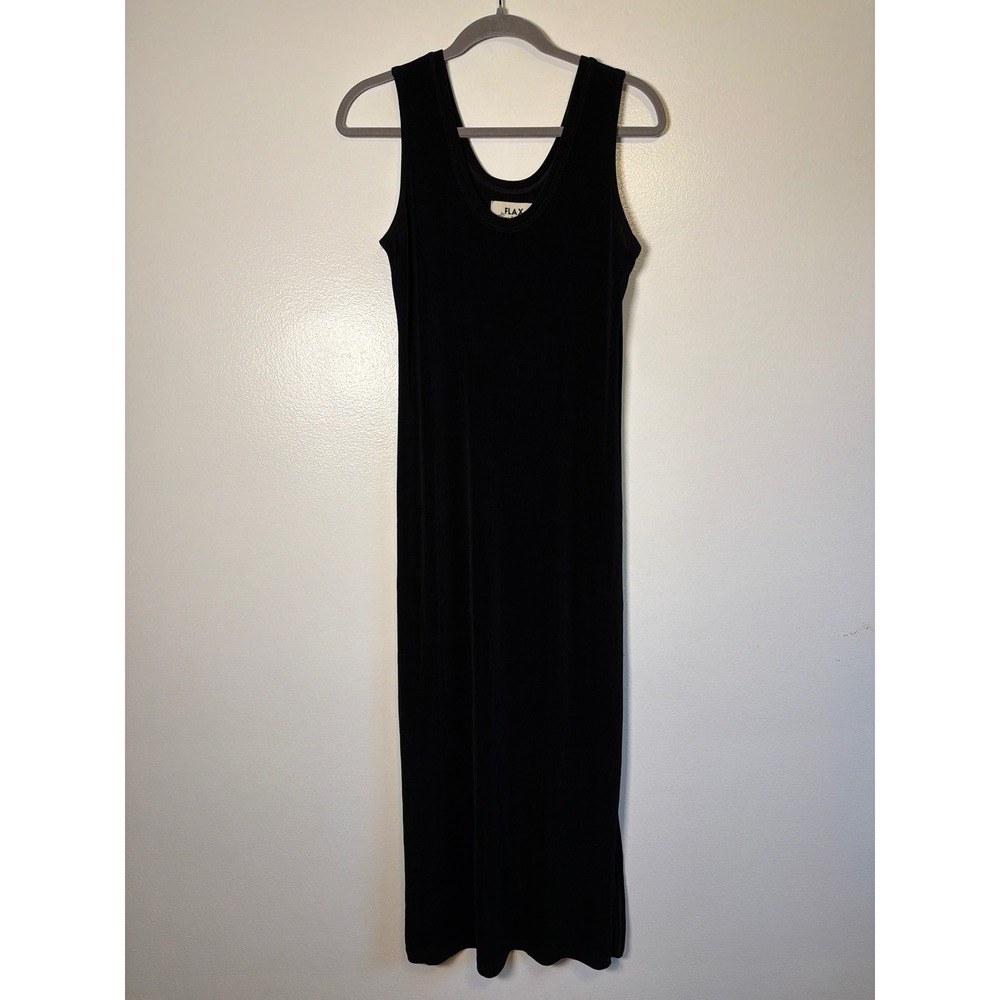 FLAX by Jeanne Engelhart Black Sleeveless Maxi Dress Slinky Scoop Neck Small